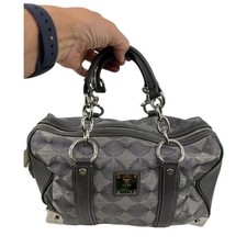MCM Visetos Boston Bag Satchel Leather-Trimmed Hand Bag Chain Handle Grey Womens