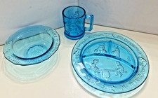 Vintage Indiana Glass Tiara Children  s Nursery Rhyme Blue 3 pc Mug Bowl Plate