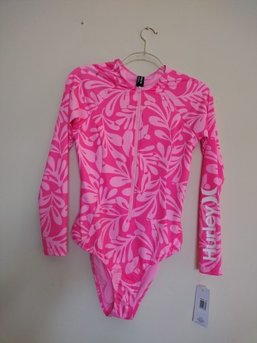 HURLEY Rash Guard Swimsuit Women's L Pink Floral Long Sleeve Zip Front Beach - Picture 2 of 10