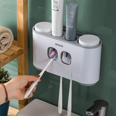 Toothbrush Holders with Toothpaste Dispenser Wall Mounted for Bathroom-4 Cups