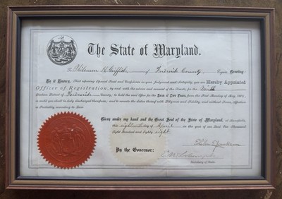 1888 State of Maryland Document Signed by Gov Elihu E. Jackson   Framed Original