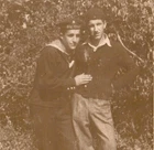 Vintage Sepia Photo Two Young Sailors Embracing WW2  Uniform Navy Soldiers Men