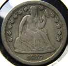 1857 LIBERTY SEATED DIME, GRADE: CHOICE VF, NICE ORIGINAL NO-PROBLEM COIN