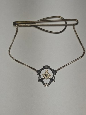 Vintage Masonic Sterling Silver Tie Clip W/Chain Mid Century 60s Freemason