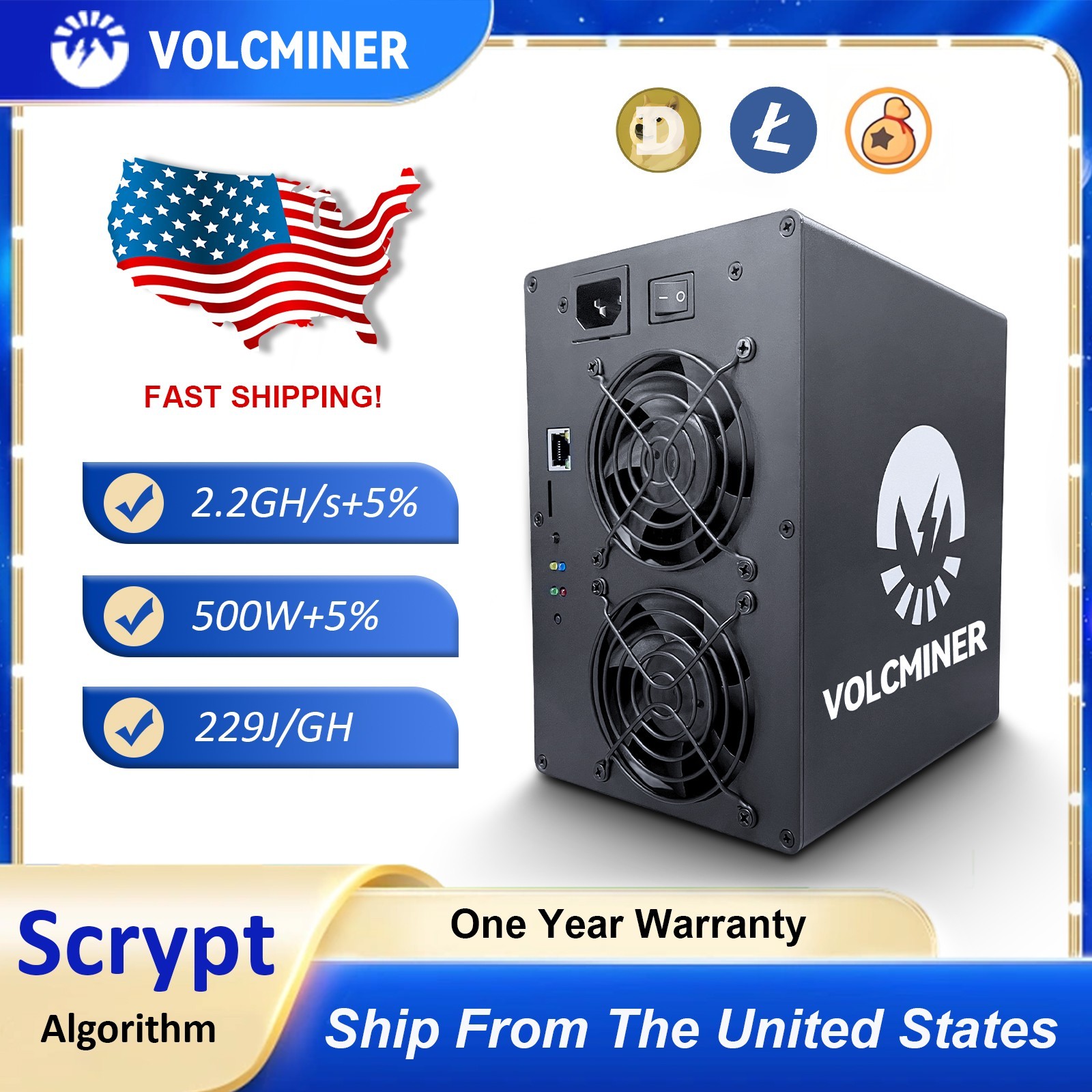 US Ship New VolcMiner D1 Mini Pre 2.2Gh/s 500W LTC&Doge Coin ASIC Scrypt Miner