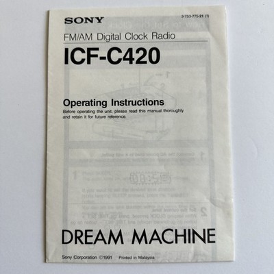 SONY ICF-C420 Dream Machine FM AM Radio Digital Clock Instructions Manual 1991