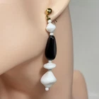Vintage Pierced Earrings Long Dangle Abstract Black and White Milk Glass Beads