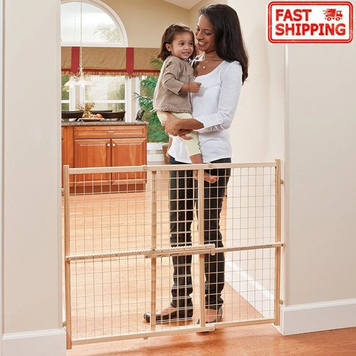 Baby Gate Wide Adjustable Safety Easy Installation Infant Toddler Natural Wood