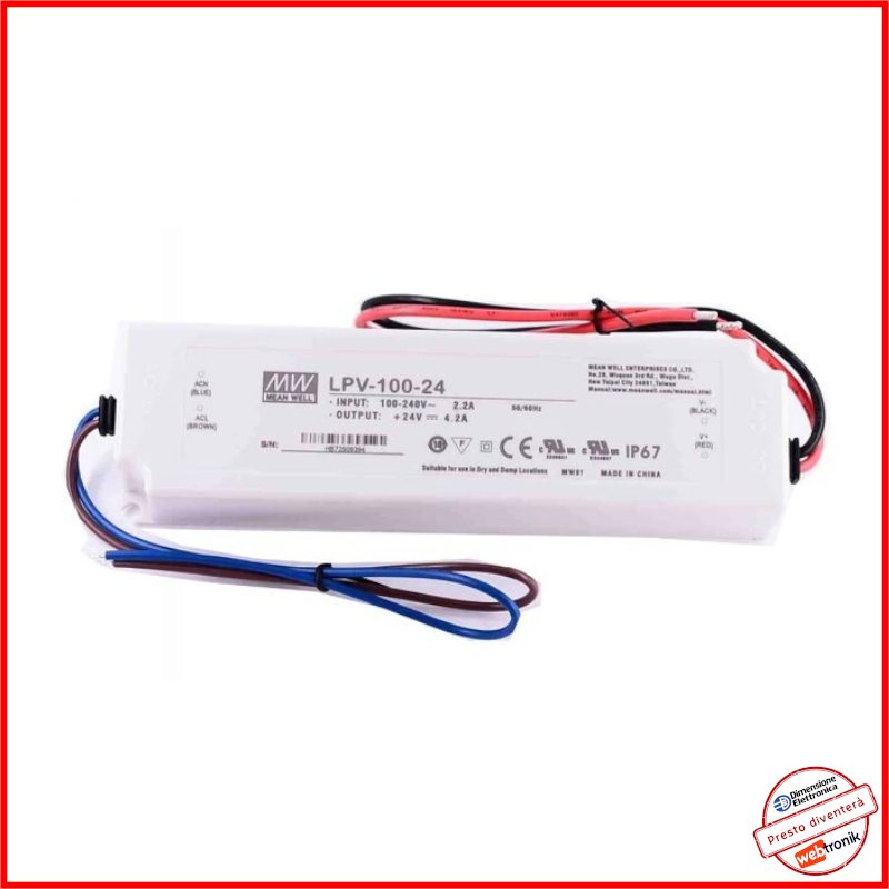 Alimentatore LPV-100-24 Mean Well 24v Trasformatore Striscia Led Stagno 230 ip67