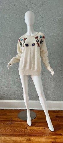 Vintage 80s White Bejeweled ANGORA Oversized WOOL Sweater Top M/L - Picture 3 of 15