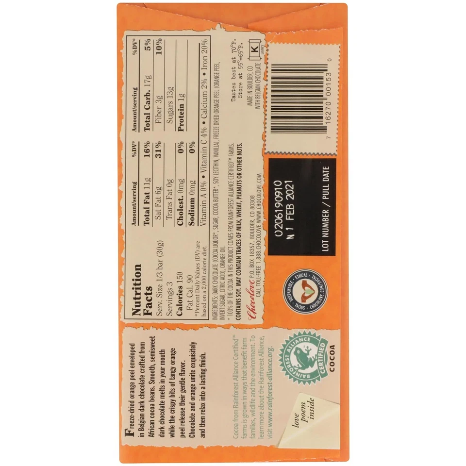 Chocolove Premium Barras de Cáscara de Naranja Chocolate Oscuro Paquete de 4 3,2 OZ Foto 2 de 4