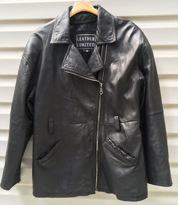 Motorcycle Jacket WN SZ LARGE BLACK LEATHER W/ Zip Cuffs Zip Line