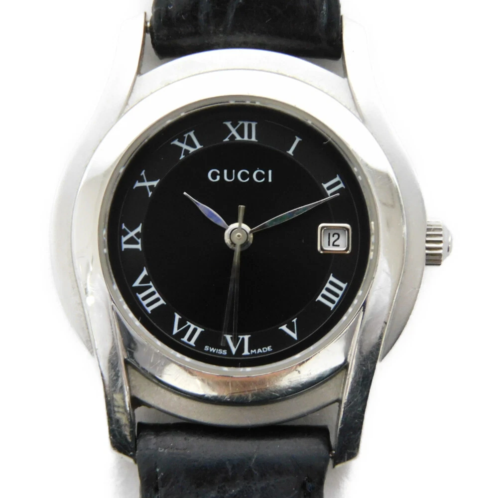 AUTHENTIQUE GUCCI 5500L Montres Quartz Cadran Noir Ceinture Cuir Cassée Jonque W...