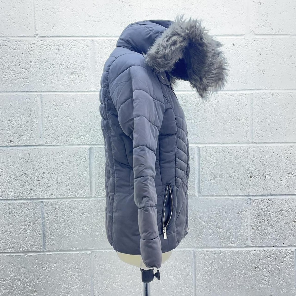 NEW LOOK PETITE GREY PUFFER JACKET COAT FAUX FUR HOOD PADDED ZIP