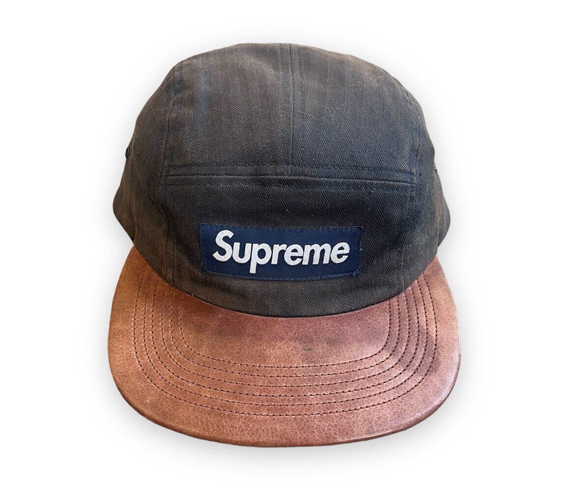 Supreme Camp Cap 5 Panel Beige Herringbone Leather Brim Camp Cap S/S 2012 Vtg