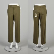 1960s XS Deadstock Olive Green Worsted Wool Tapered Leg Flat Front Pants Slacks