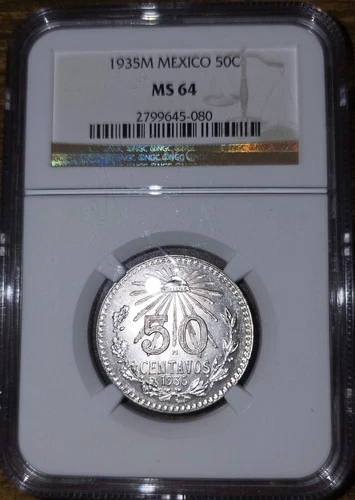 1935M MEXICO 50 CENTAVOS NGC MS 64 - SILVER COIN LOW MINTAGE RARE KEY DATE