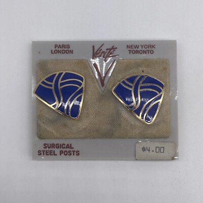 Vintage Verite Gold Tone Blue Enamel Stud Earrings New Old Stock