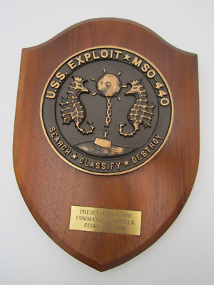 VINTAGE BRONZE PRESENTATION PLAQUE U.S.S. EXPLOIT MSO-440 AGGRESSIVE MINESWEEPER