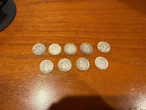 Lot of 9 Silver Roosevelt dimes Circulated to MS condition