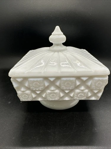 Vintage Westmoreland Square Candy Dish Compote w/ Lid Old Quilt White Milk Glass