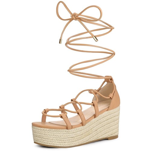 Perphy Women's Strappy Lace Up Platform Wedge Heel Sandals Nude 7