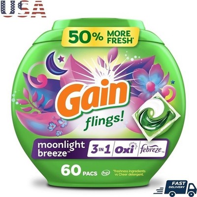 Flings Laundry Detergent Pacs W/ OxiBoost & Febreze Odor Defense 60 Count New