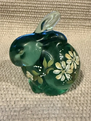 Fenton Glass Bunny Rabbit Figurine - Sea Mist Green - Flowers - Painted