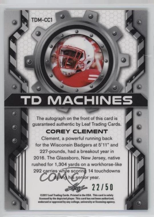 2017 Leaf Valiant TD Machines Green /50 Corey Clement #TDM-CC1 Rookie Auto RC - Image 2 of 2