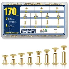 170 Sets Gold Chicago Screws Leather Rivets Kit, 8 Sizes M5 4,5,6,8,10,12,15,18