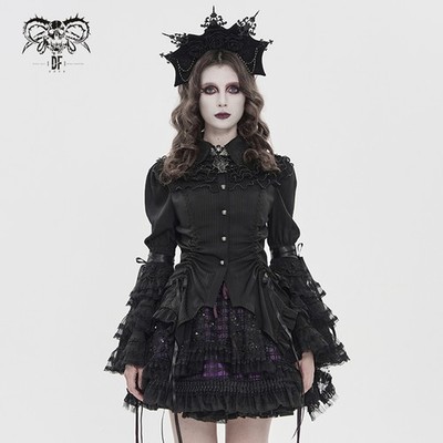Devil Fashion Women Black Gothic Long Flared Sleeve Ruffle Shirt Lace-Up Blouse