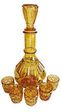 MCM CRYSTAL DECANTER STOPPER AND 5 CORDIAL/SHOT GLASSES AMBER BROWN GLASS VTG