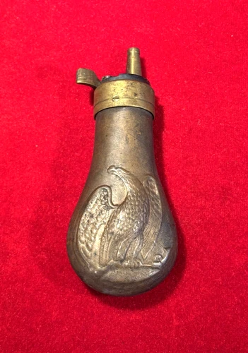 RARE CIVIL WAR PISTOL SIZE COLT'S PATENT POWDER FLASK / EMBOSSED EAGLE & PISTOL