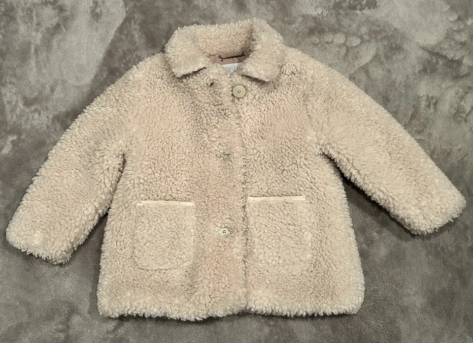 ZARA 学步女孩夏尔巴泰迪外套奶油色米色夹克 2-3 岁 98 码 — 第 2/4 张图片