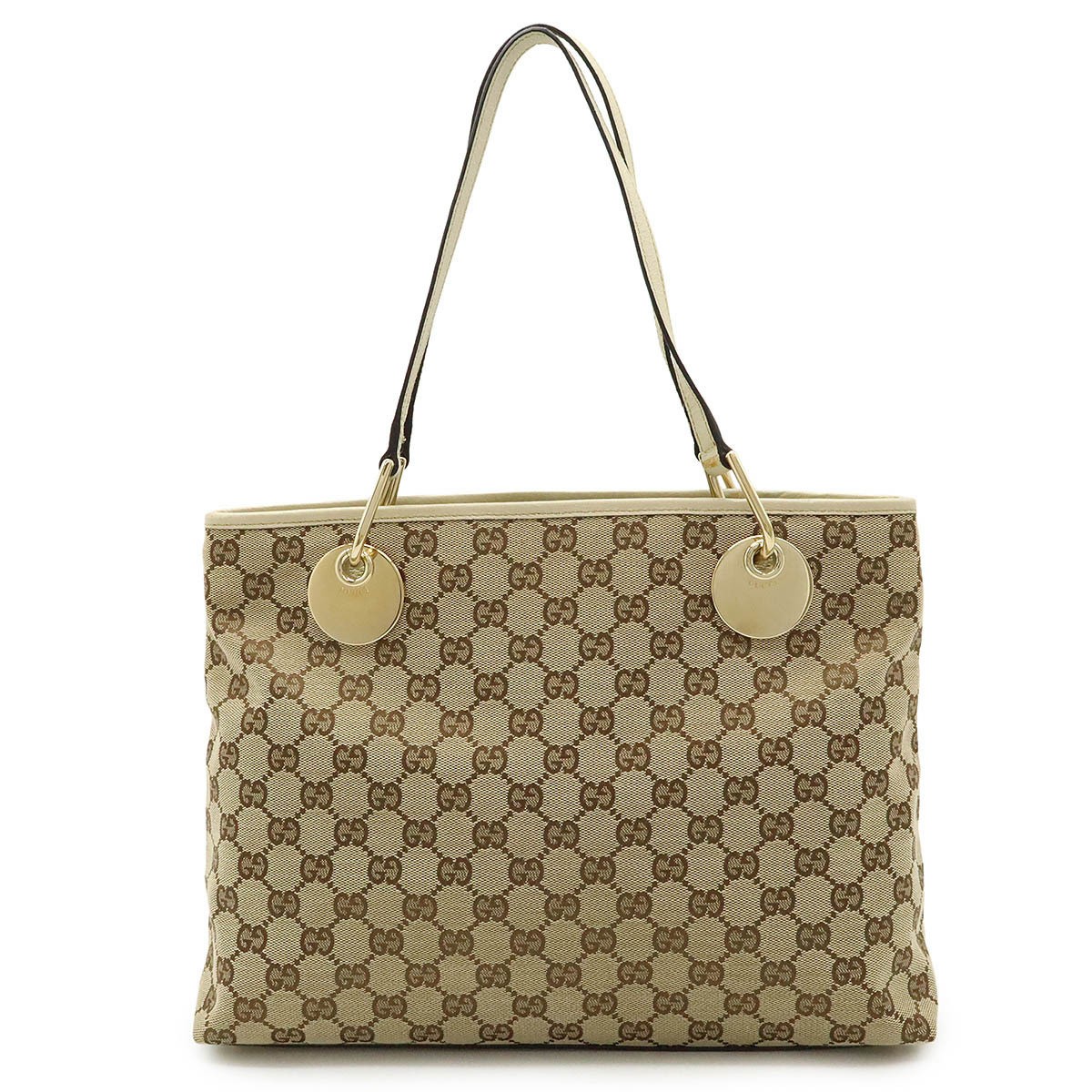 GUCCI GG Canvas Tote Bag in Beige with Leather Accents for Shoulder or Hand Carry