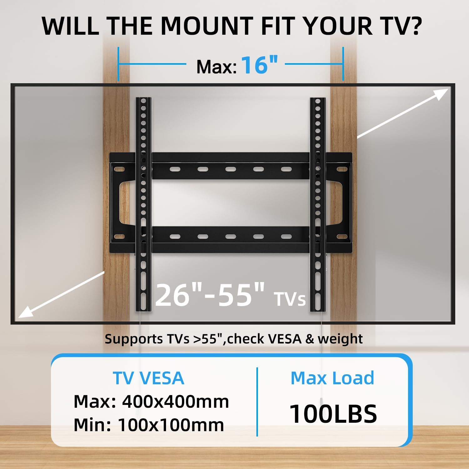 HOME VISION TV Wall Mount Fixed for Most 26"-55" Flat/Curved TVs with Max VESA
