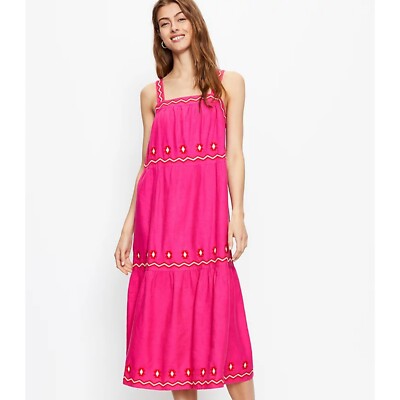 Ann Taylor LOFT Pink Embroidered Tiered Square Neck Midi Dress