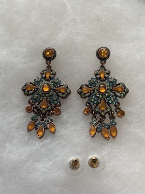 JOAN RIVERS Long Dangle Earrings W/Amber & Brown Rhinestones