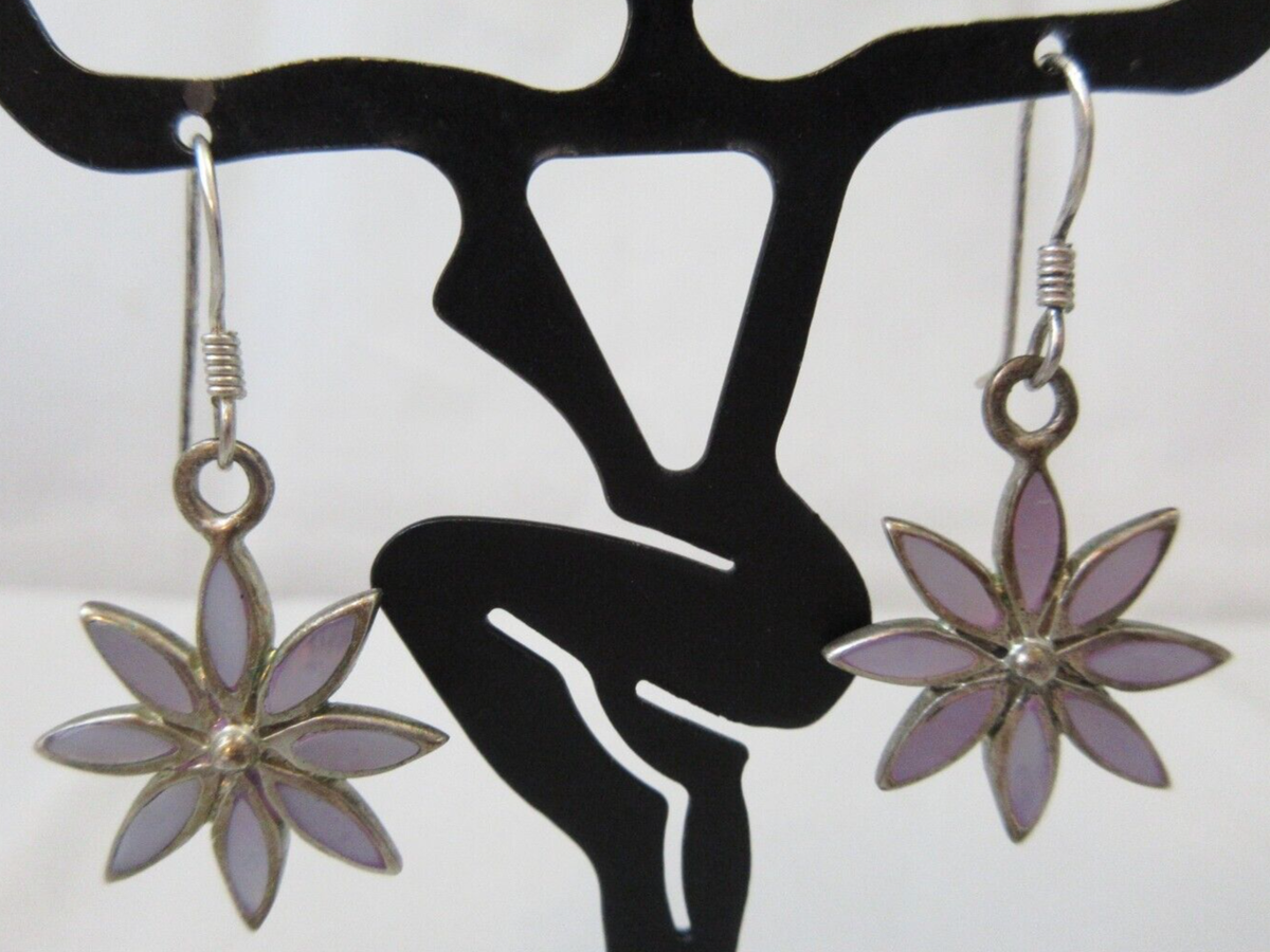 Marsala 925 Marked Sterling Silver Abalone/MOP Dangle Flower Pierced  Earrings