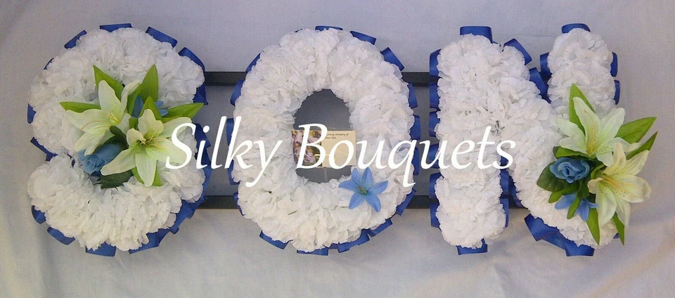 SILKY BOUQUETS Funeral Flowers Son Wreath Artificial Silk Any 3 Letters Tribute Name Memorial