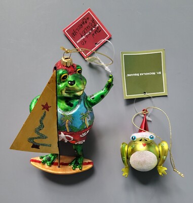 2 St Nicholas Square Frog Christmas Ornament W/Tags (no Box) Sailboard & Bell