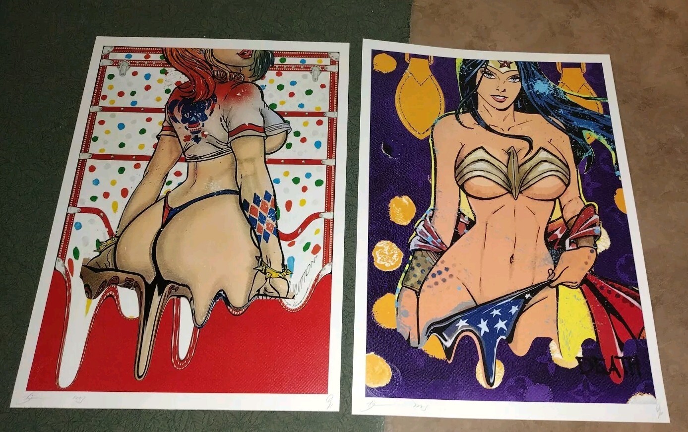 2x DEATH NYC edición limitada impresiones artísticas 45x32 cm Harley Quinn Wonder Woman gatitos sexuales