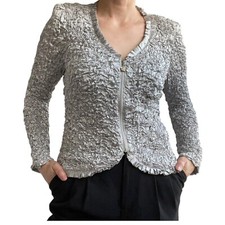 Joseph Ribkoff Blouse Style Jacket Size 10 90s Y2k Silver Zip Solid Crinkle