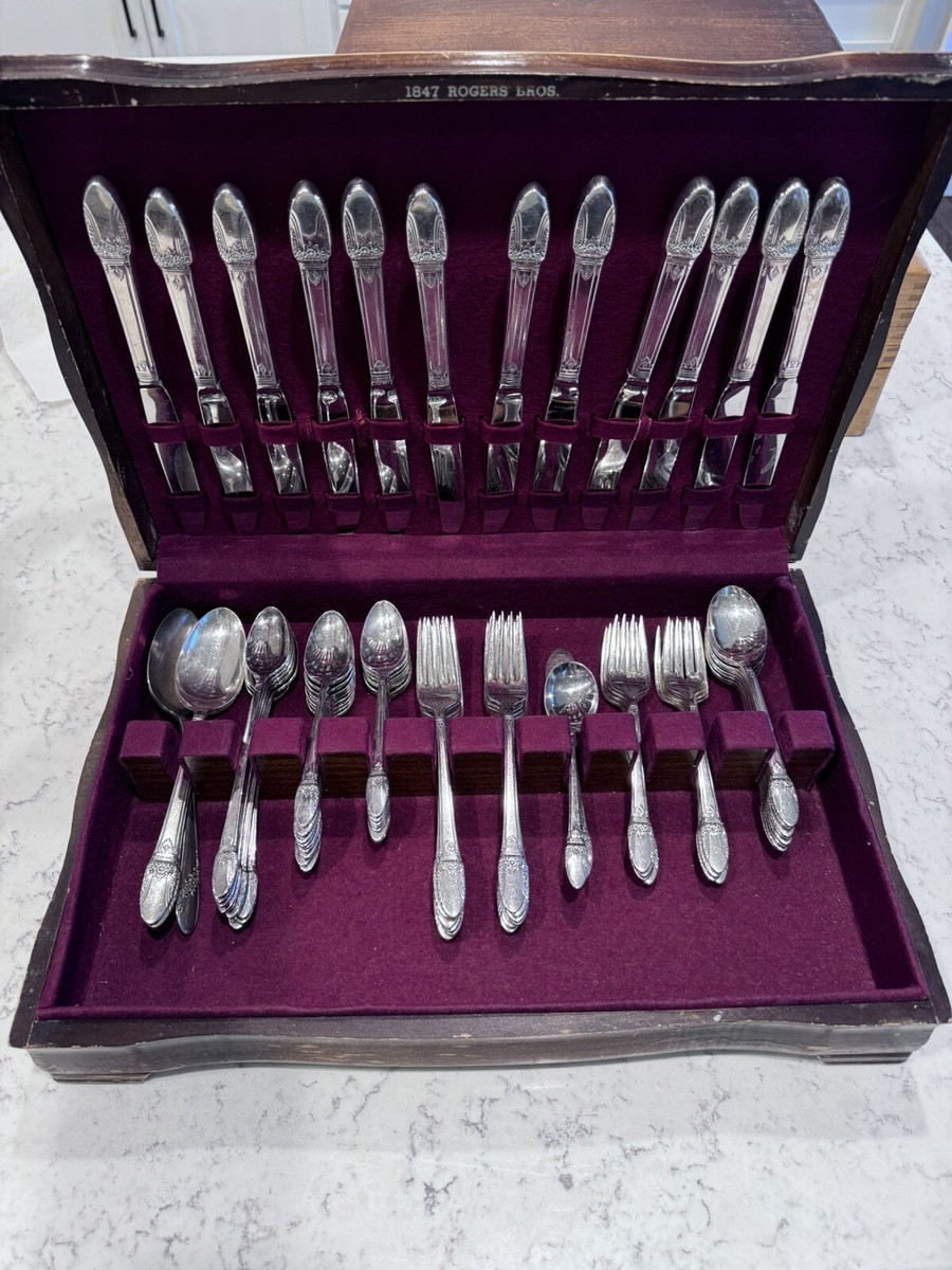68 Piece Set FIRST LOVE IS Silverplate Flatware In Chest 1847