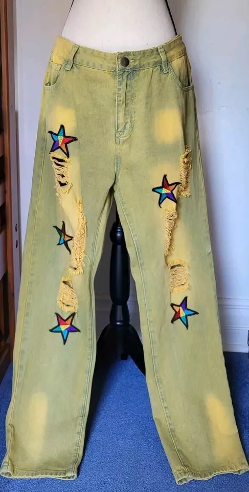 Pantalones de mezclilla amarillos lavados con ácido con parche de estrella 38x30 ☆HYPE☆ ropa de calle artística DIVERTIDA Foto 3 de 4