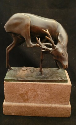 Antique Bronze Statue 1920s STAG DEER Signed by Karl Lind of Germany 