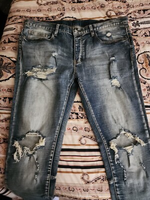 MNML Jeans Mens 38 Blue Denim Button Fly Skinny Destroyed