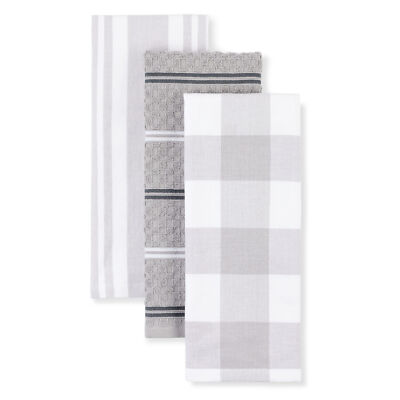 KitchenAid Stripe Gingham Dual Polyester Cotton Towel Set, Matte Grey, 3 Pack