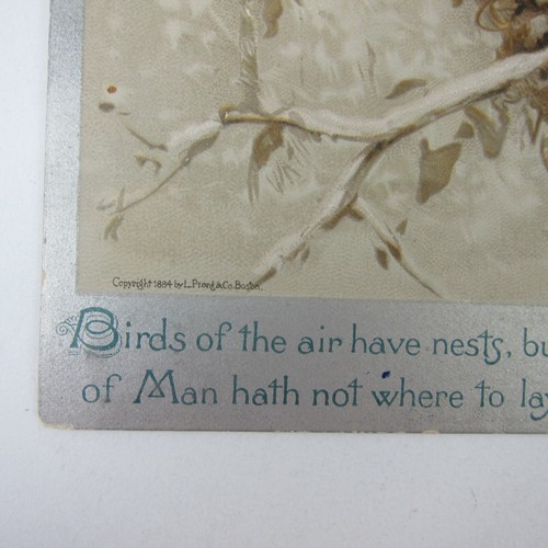 Victorian Greeting Card Birds in Tree Religious Silver Border Antique 1884 - Imagen 10 de 12