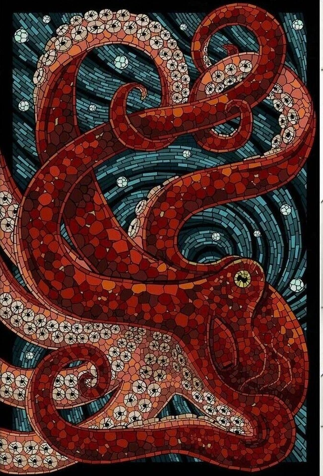 Red Octopus Mosaic Print Asian Wall Art Kraken canvas or poster room home decor - Image 2 of 4